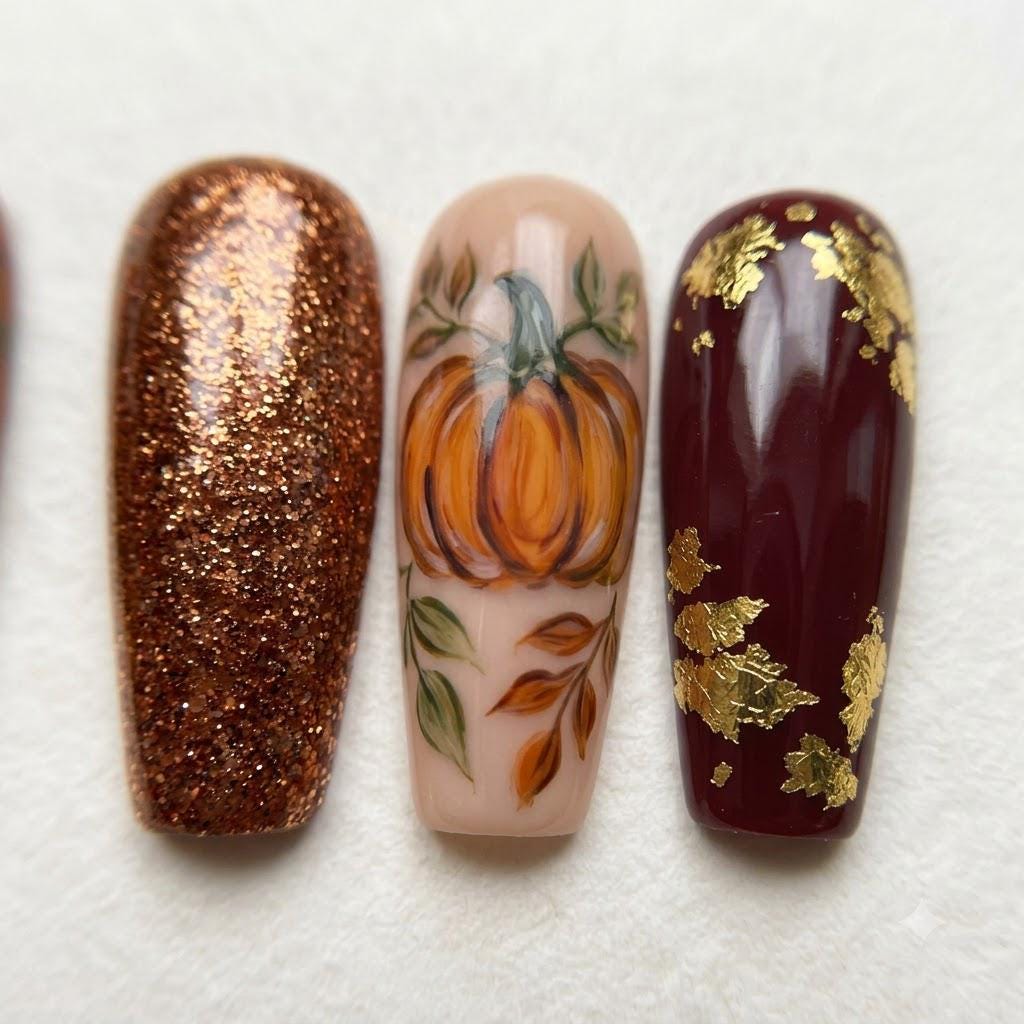 Autumn Pumpkin and Plaid Press On Nails With Burgundy, Gold Leaf and Copper Glitter