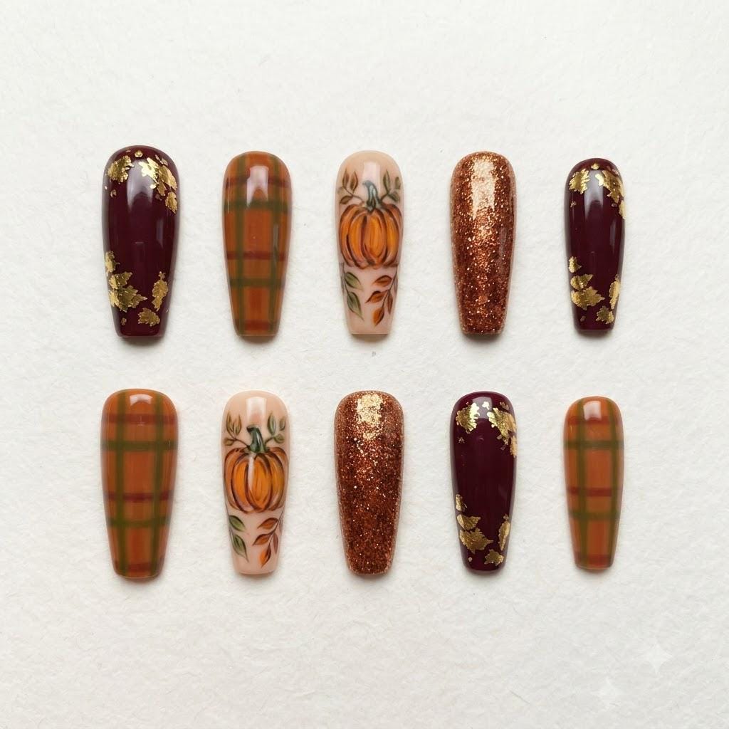 Autumn Pumpkin and Plaid Press On Nails With Burgundy, Gold Leaf and Copper Glitter