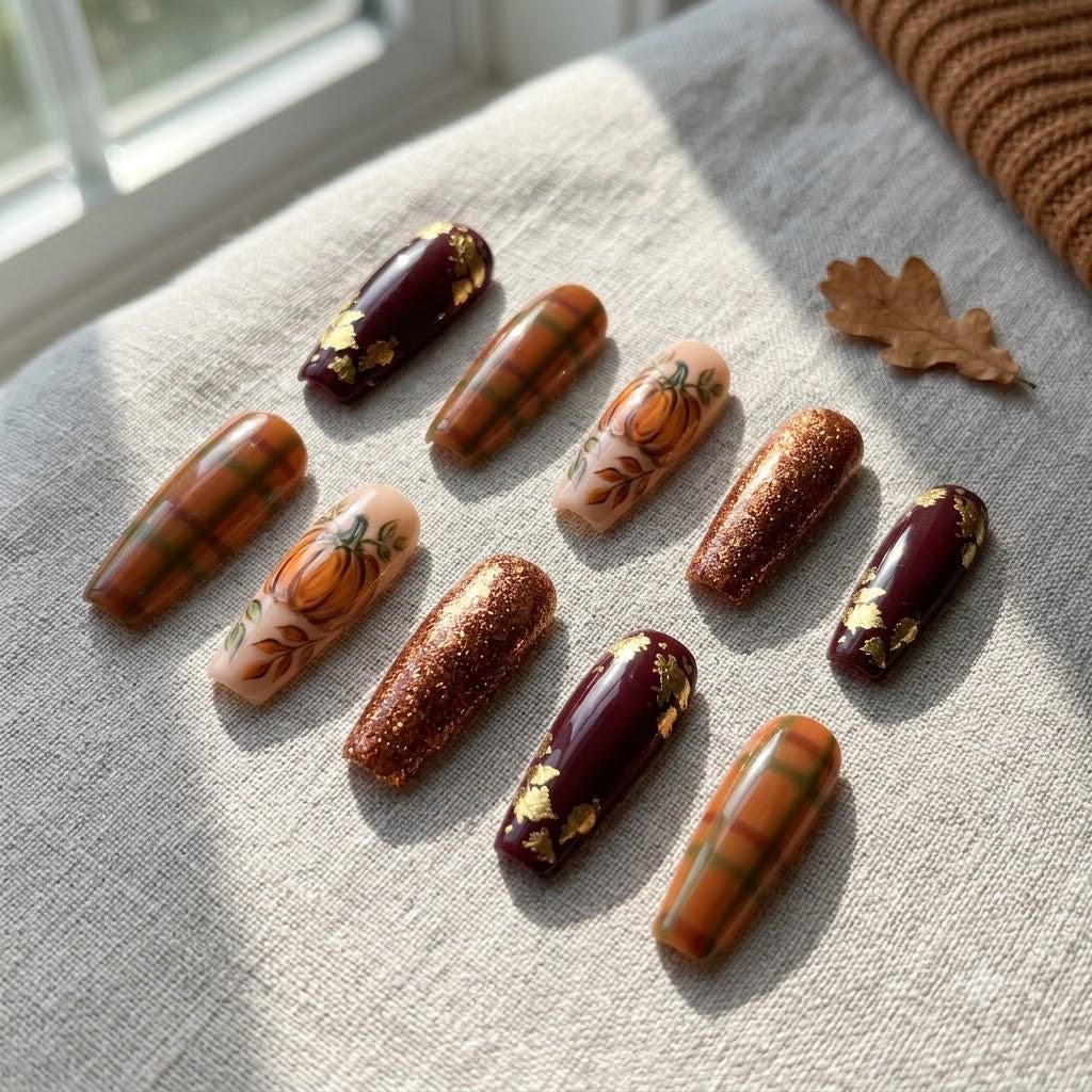 Autumn Pumpkin and Plaid Press On Nails With Burgundy, Gold Leaf and Copper Glitter