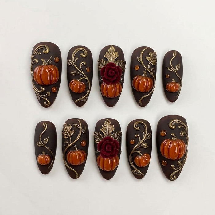 Autumn Pumpkin and Rose Press On Nails With Raised Gold Botanical Scrollwork