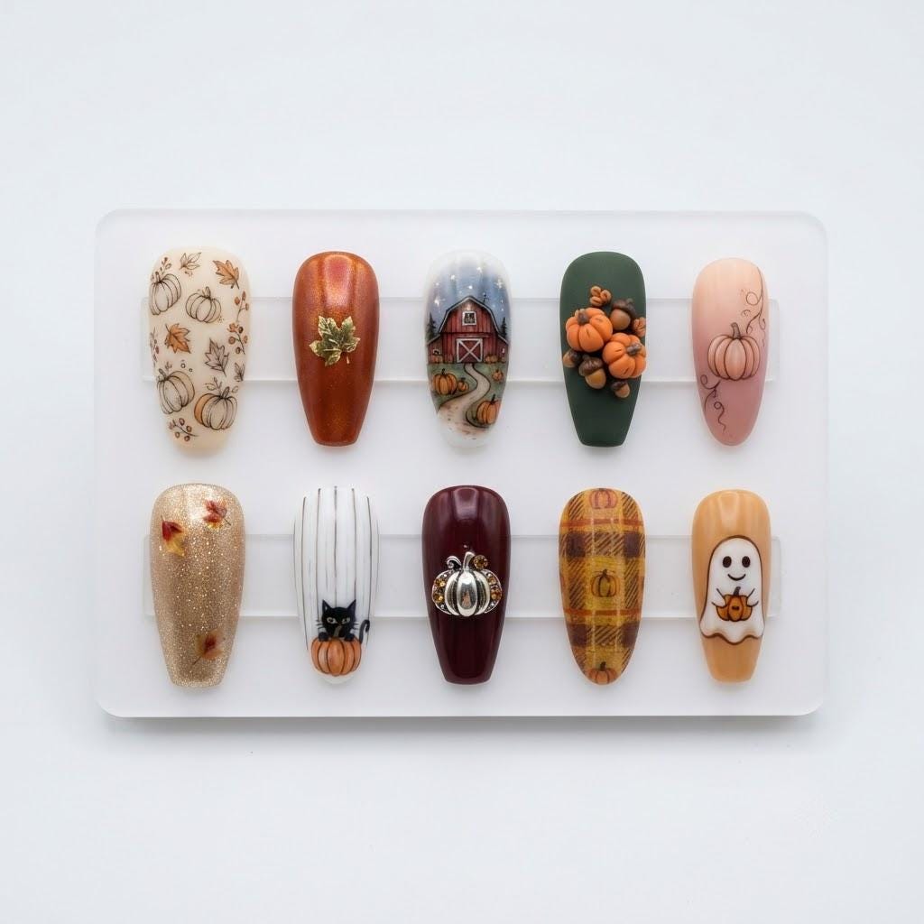 Autumn Pumpkin, Barn, Plaid and Ghost Cat Nail Set