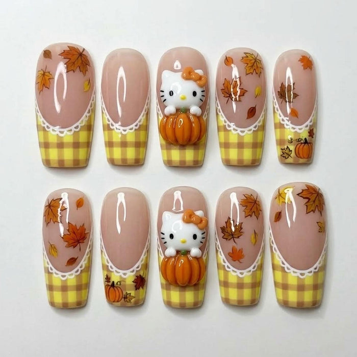 Autumn Pumpkin Cat Press On Nails With Yellow Gingham Tips
