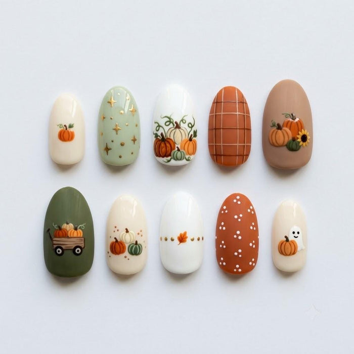Autumn Pumpkin Harvest Press On Nails With Plaid and Dotted Designs