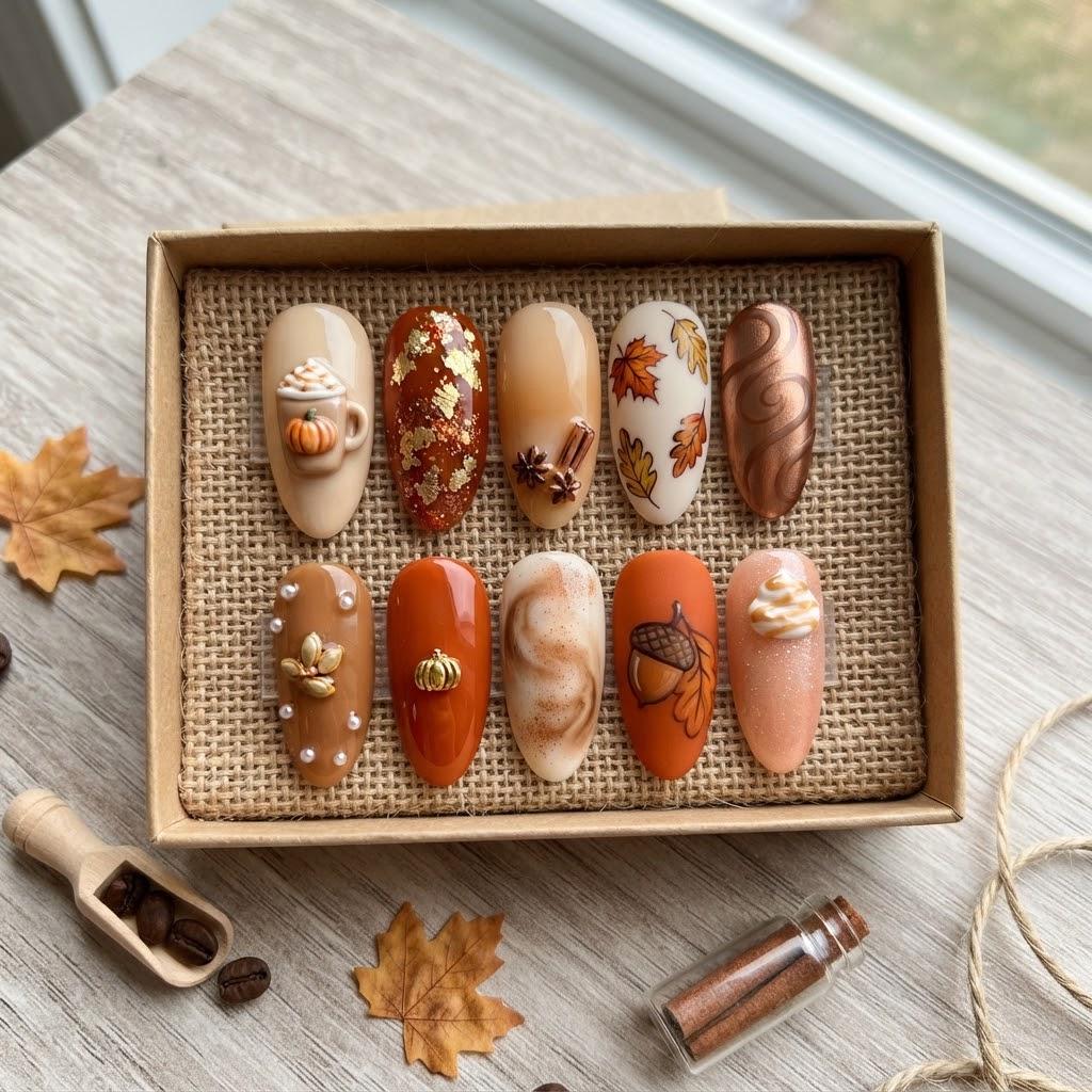 Autumn Pumpkin, Leaf and Acorn Nail Set in Burnt Orange and Caramel