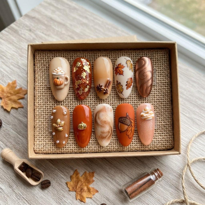 Autumn Pumpkin, Leaf and Acorn Press On Nail Set in Burnt Orange and Caramel