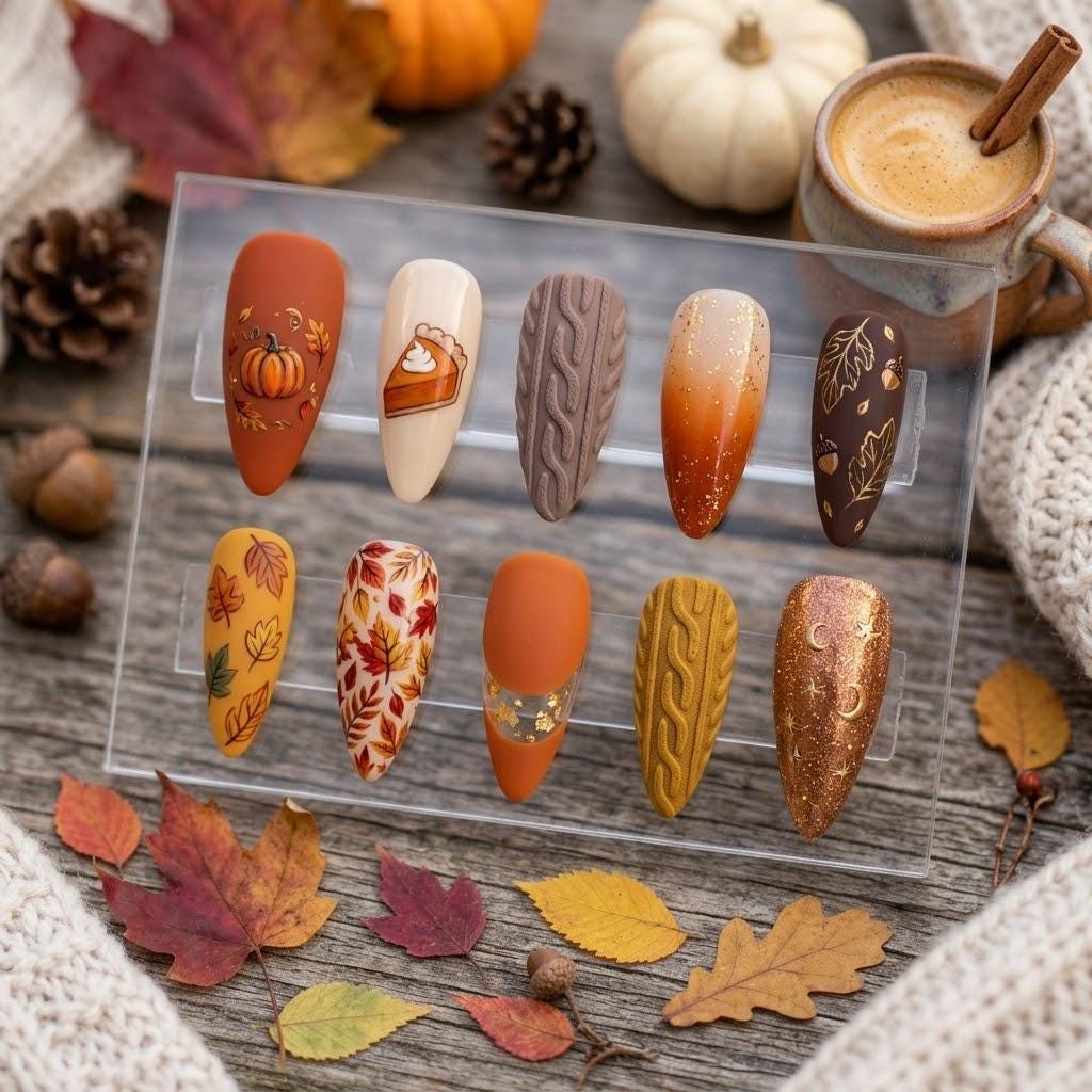 Autumn Pumpkin, Leaf and Sweater Knit Press On Nail Set