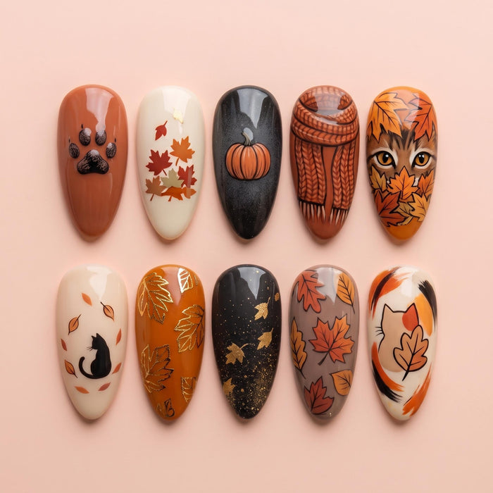 Autumn Pumpkin, Leaf & Cat Press On Nail Set