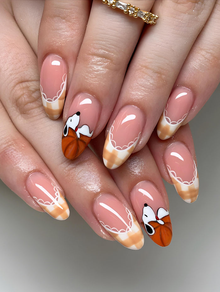 Autumn Pumpkin Press On Nails With Beige Plaid French Tips