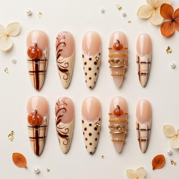 Autumn Pumpkin Press On Nails with Brown Plaid, Polka Dots and Gold Accents