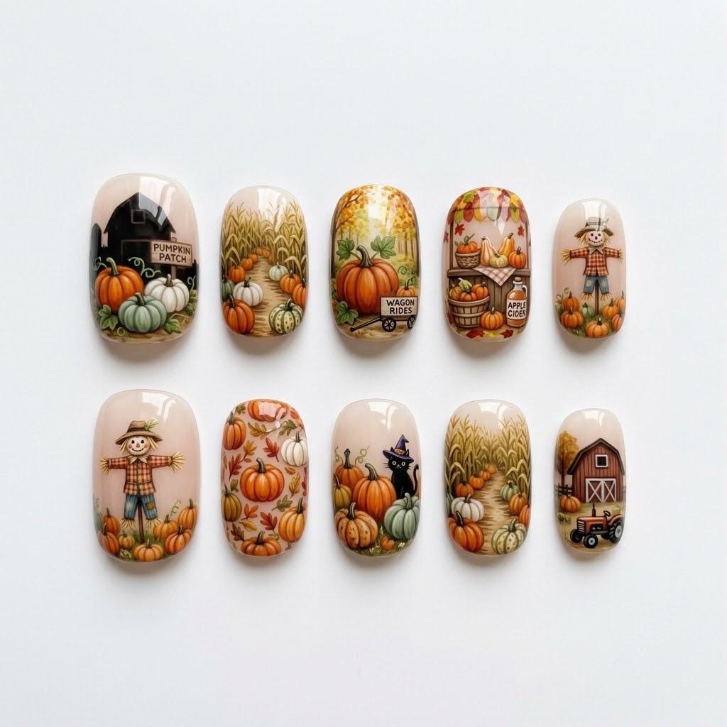 Autumn Pumpkin Patch and Harvest Scene Press On Nails