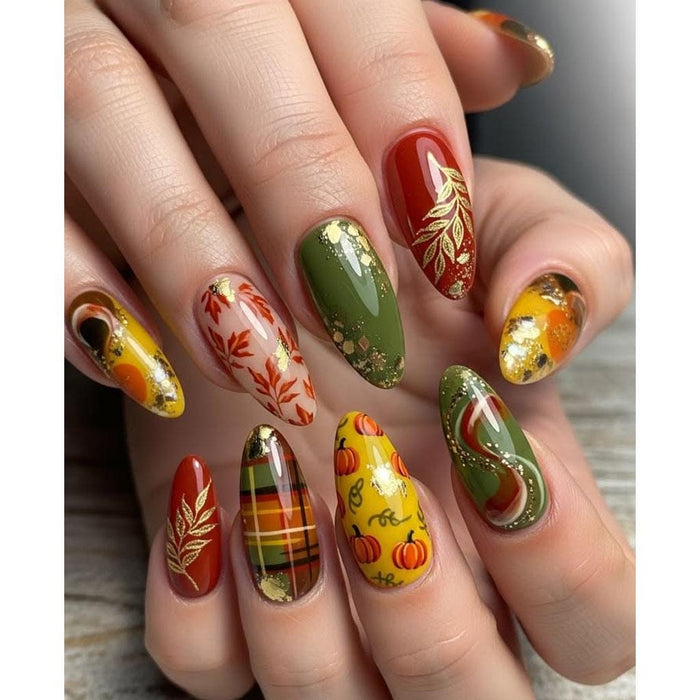 Autumn Pumpkin, Plaid and Leaf Press On Nail Set in Red, Green and Gold