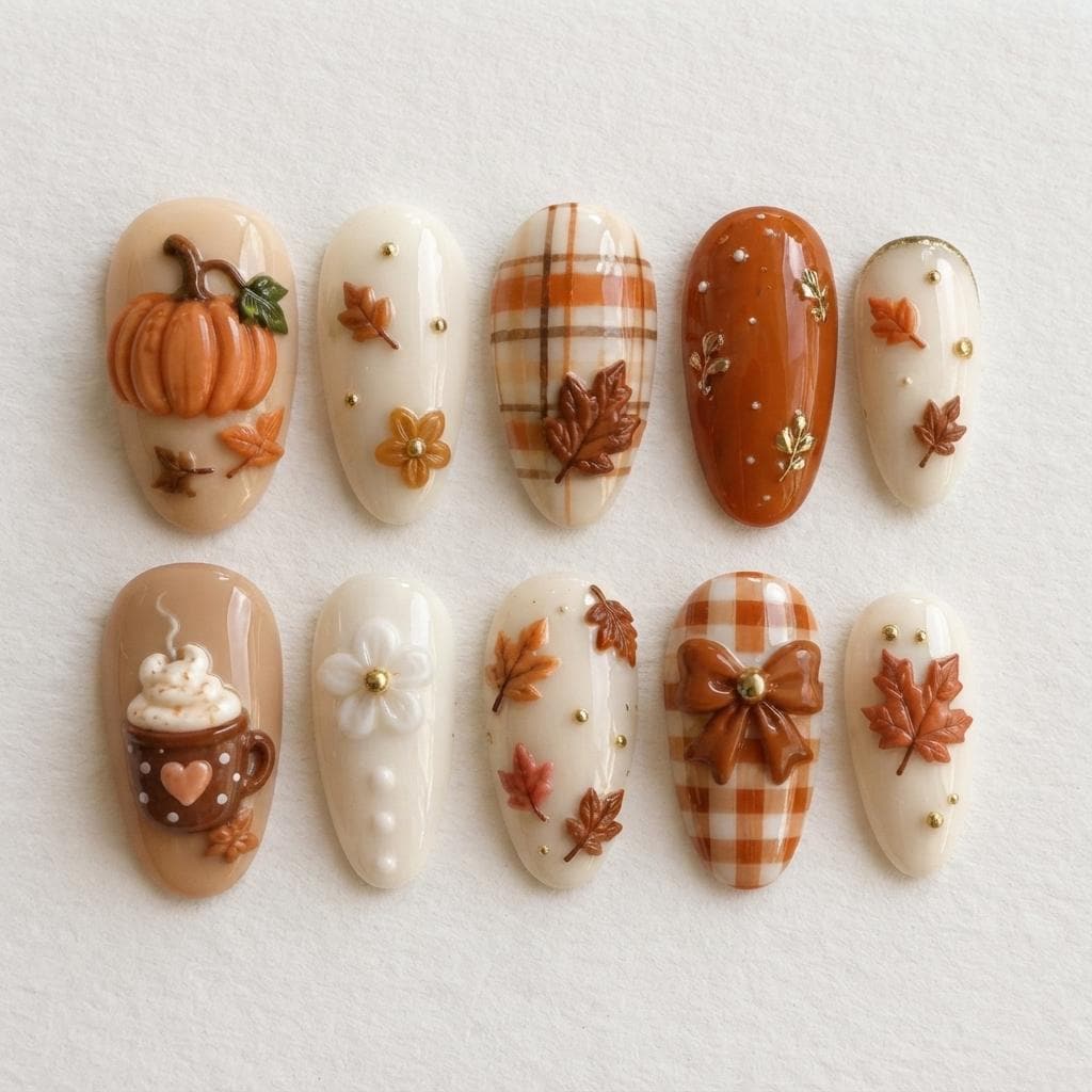 Autumn Pumpkin, Plaid, and Leaf Press-On Nail Set
