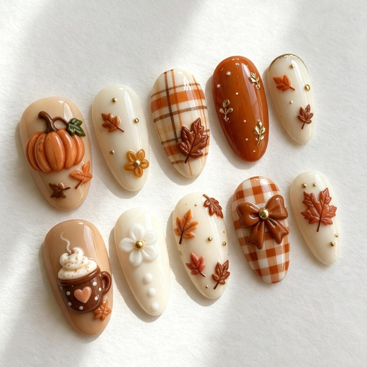 Autumn Pumpkin, Plaid, and Leaf Press-On Nail Set
