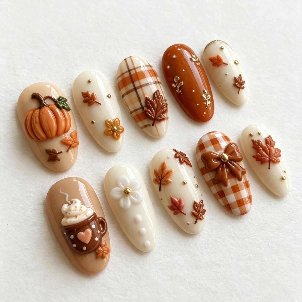 Autumn Pumpkin, Plaid, and Leaf Press-On Nail Set