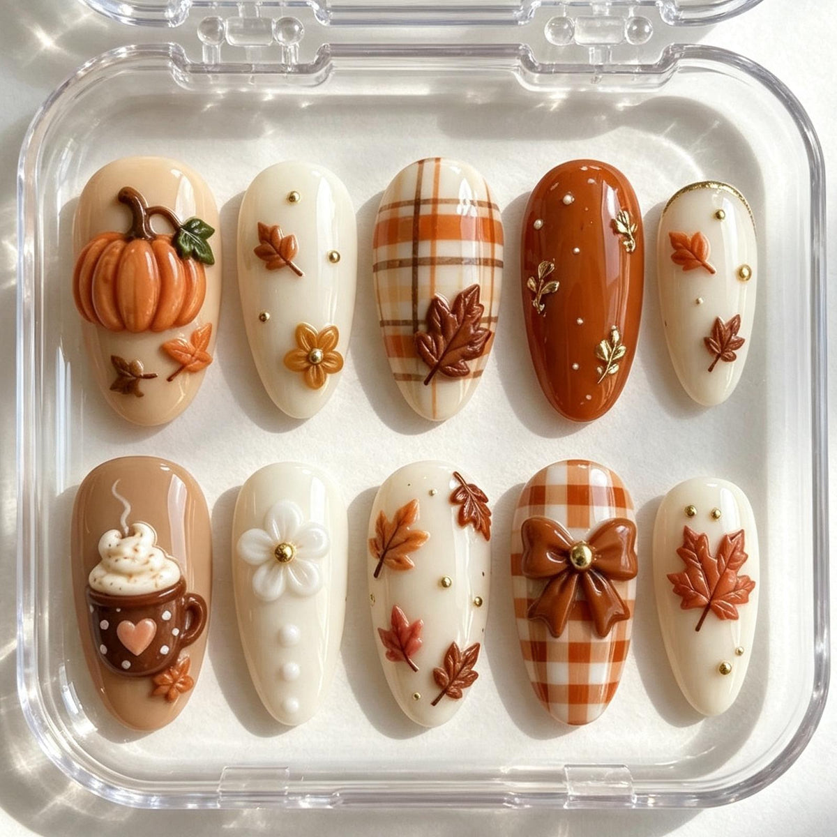 Autumn Pumpkin, Plaid, and Leaf Press-On Nail Set