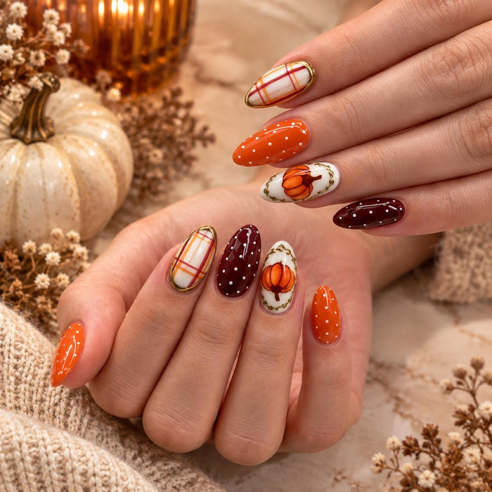 Autumn Pumpkin Plaid and Polka Dot Press On Nail Set
