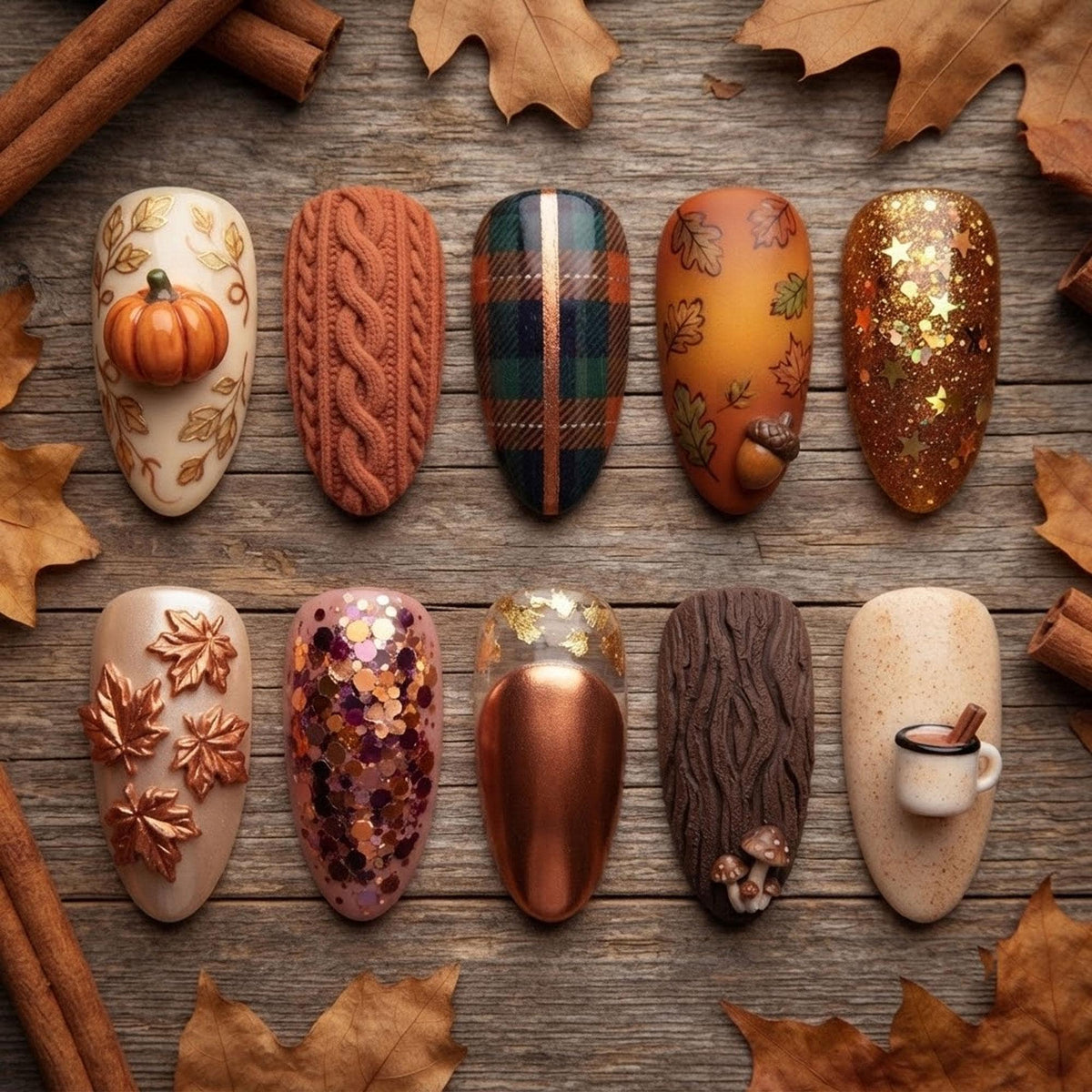 Autumn Pumpkin, Plaid and Sweater Knit Press-On Nail Set