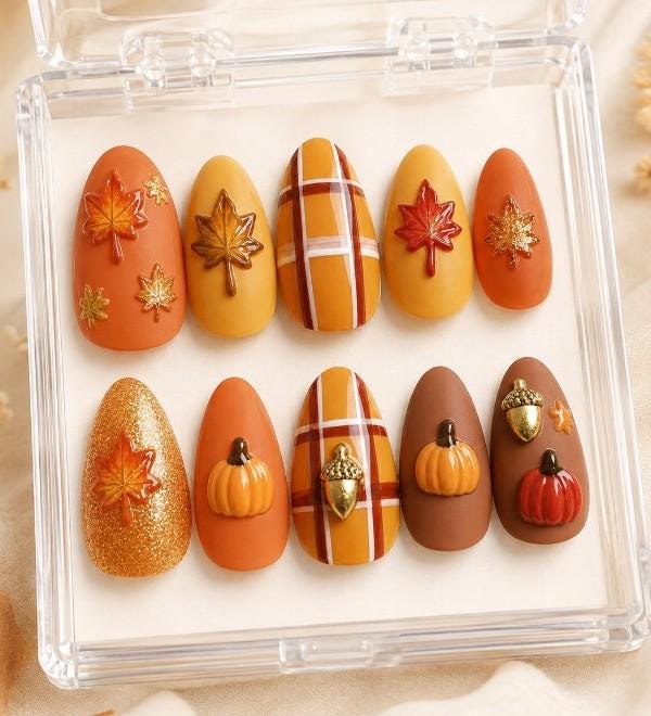 Autumn Pumpkin, Plaid, Leaf and Acorn Press-On Nail Set