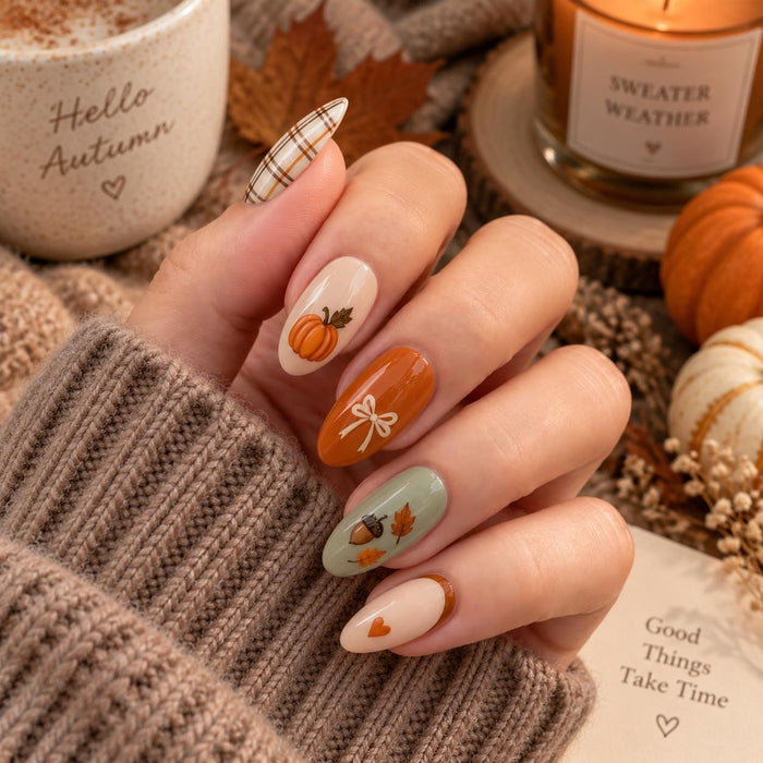 Autumn Pumpkin, Plaid, Leaf and Bow Press On Nail Set in Sage, Rust and Nude
