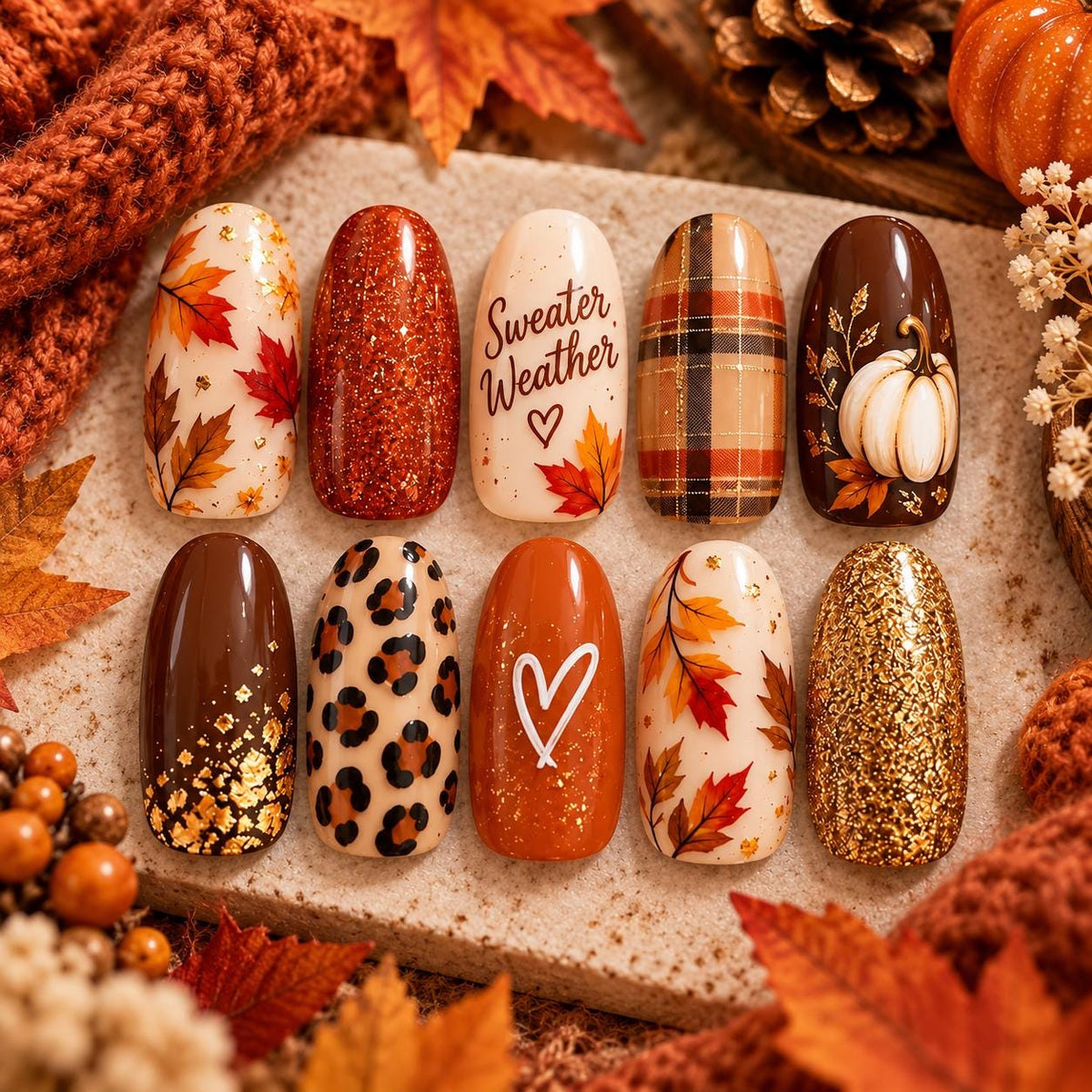 Autumn Pumpkin, Plaid, Leopard and Maple Leaf Press On Nail Set