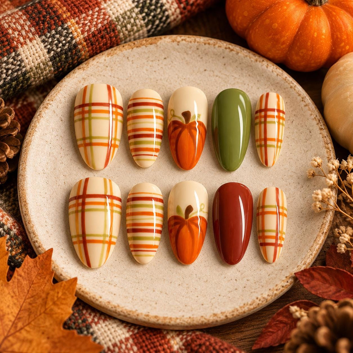 Autumn Pumpkin Plaid Press On Nails in Cream, Olive, Rust and Red