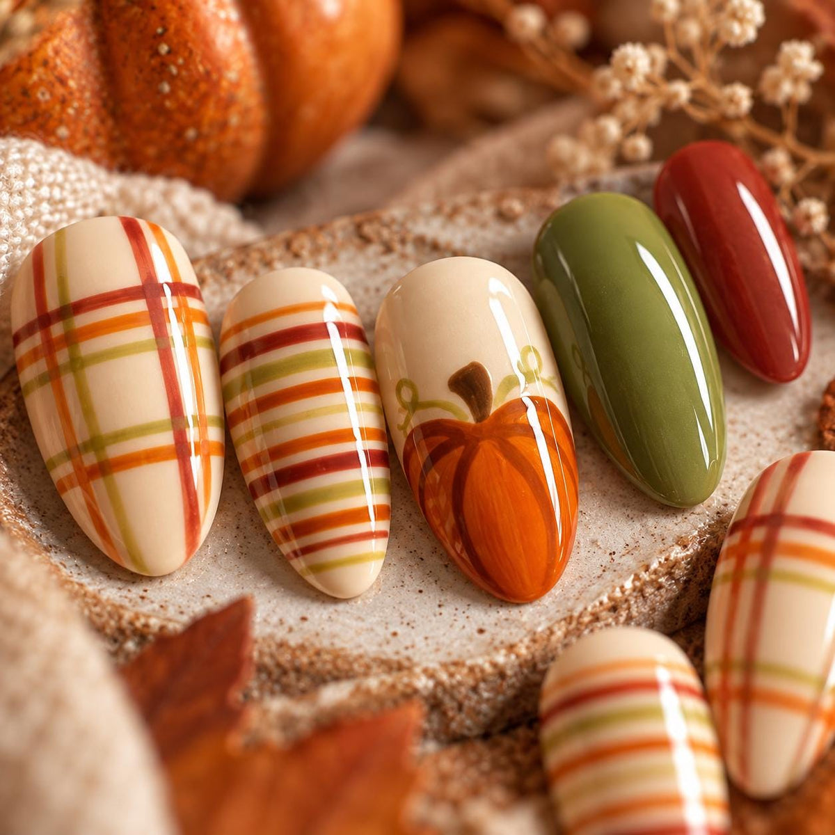 Autumn Pumpkin Plaid Press On Nails in Cream, Olive, Rust and Red