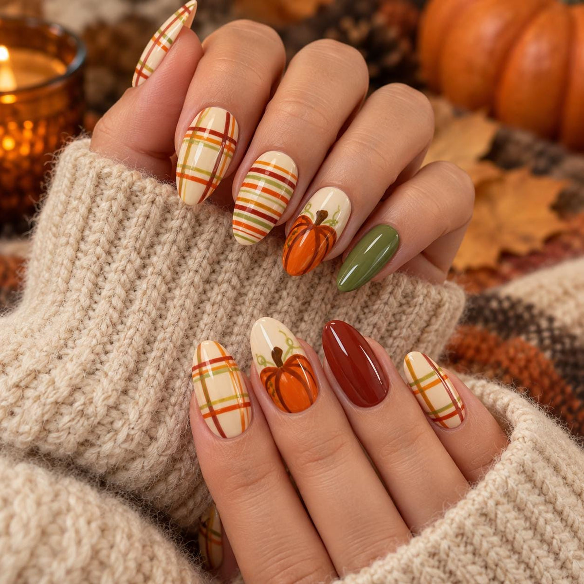Autumn Pumpkin Plaid Press On Nails in Cream, Olive, Rust and Red