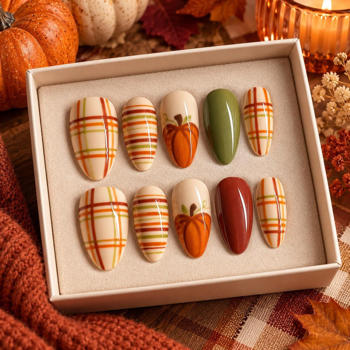 Autumn Pumpkin Plaid Press On Nails in Cream, Olive, Rust and Red