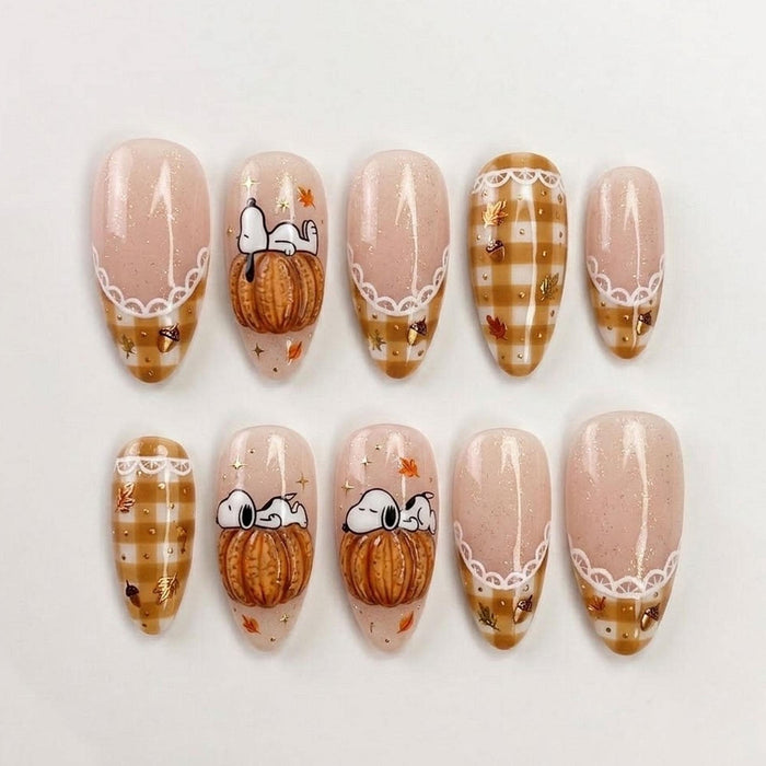 Autumn Pumpkin Plaid Press On Nails With Lace Details