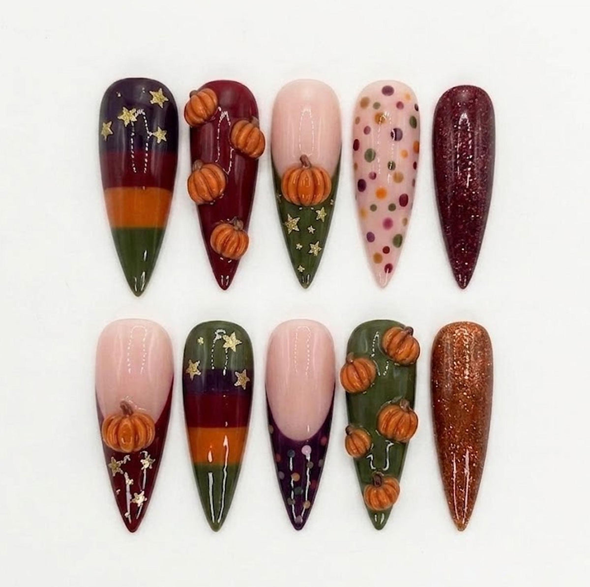 Autumn Pumpkin Press On Nail Set With 3D Pumpkins, Gold Stars and Glitter
