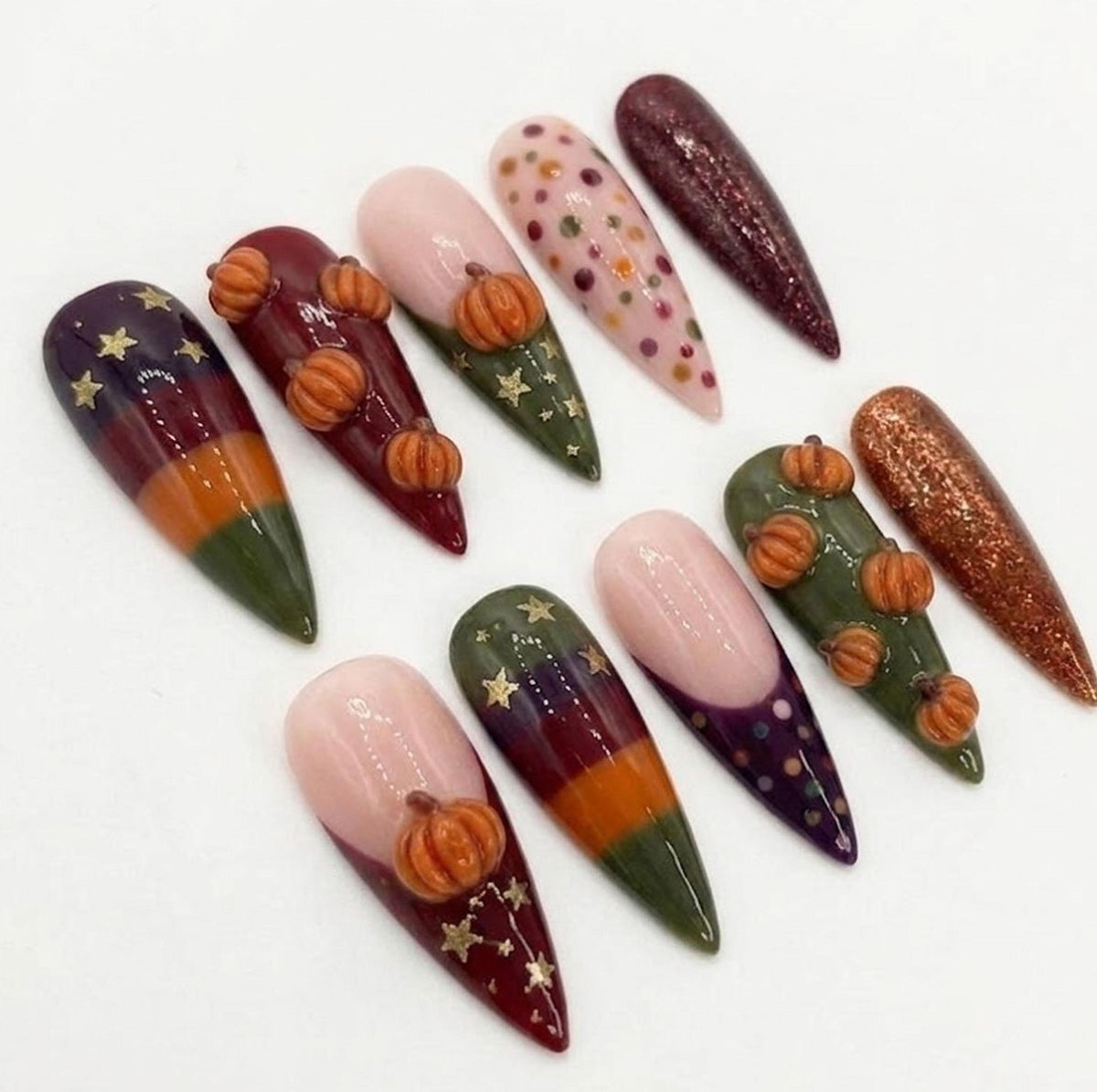 Autumn Pumpkin Press On Nail Set With 3D Pumpkins, Gold Stars and Glitter