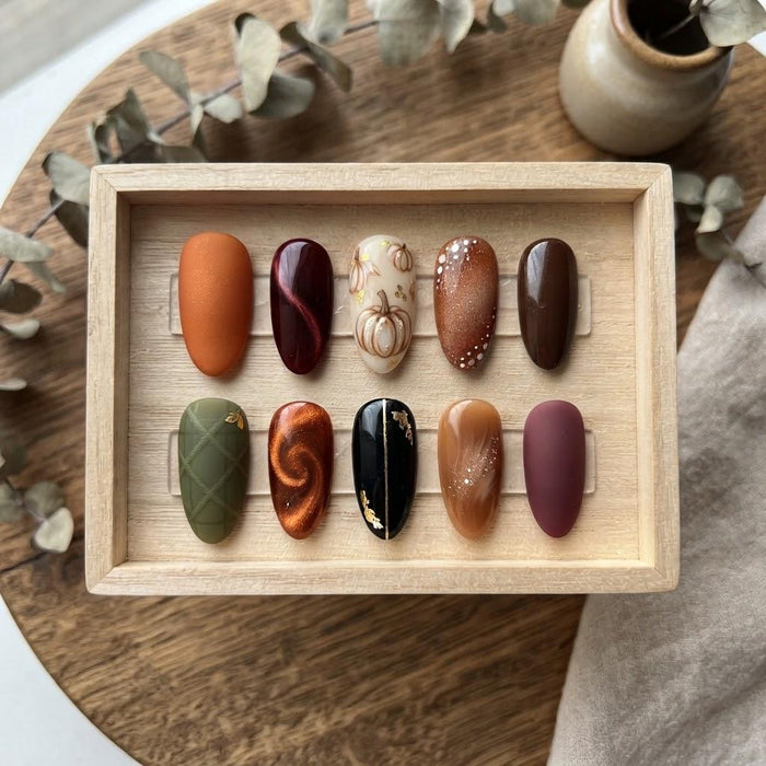 Autumn Pumpkin Press On Nail Set With Cat Eye, Glitter & Gold Accents