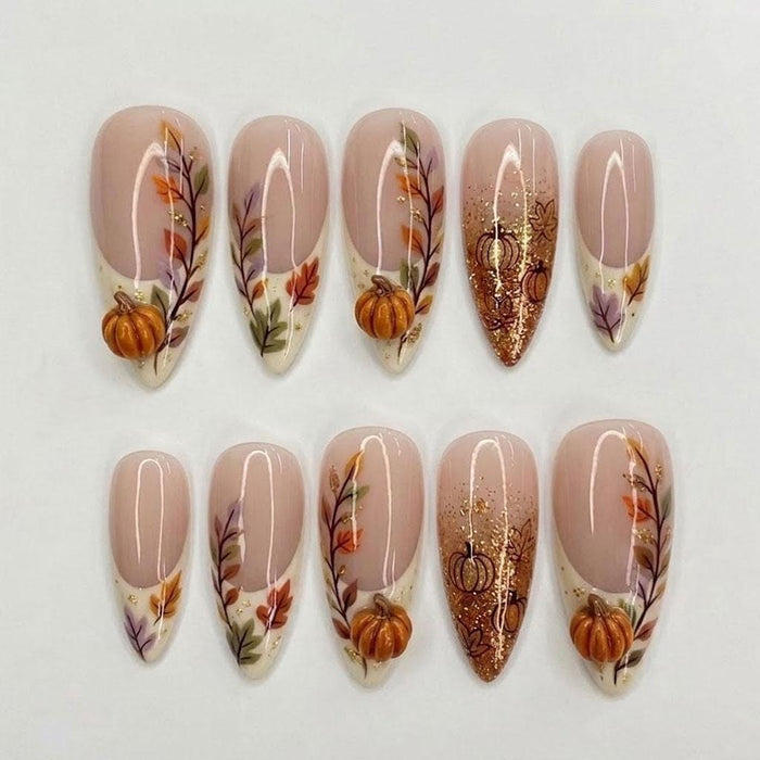 Autumn Pumpkin Press On Nails with Fall Leaves and Bronze Gold Glitter French Tips
