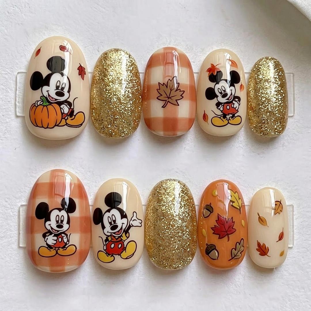 Autumn Pumpkin Press On Nails with Orange Plaid, Fall Leaves, and Gold Glitter