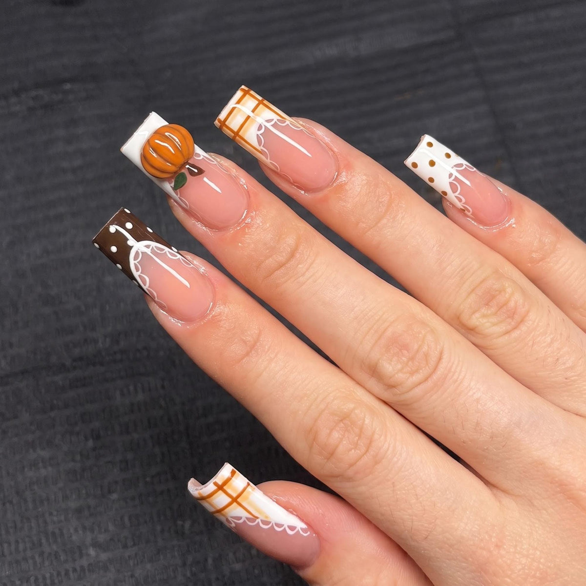 Autumn Pumpkin Press On Nails with Plaid French Tips and White Lace Details