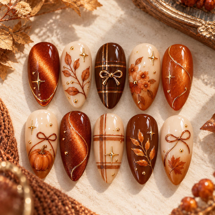 Autumn Pumpkin Press On Nails With Plaid, Leaves, Bows and Gold Details