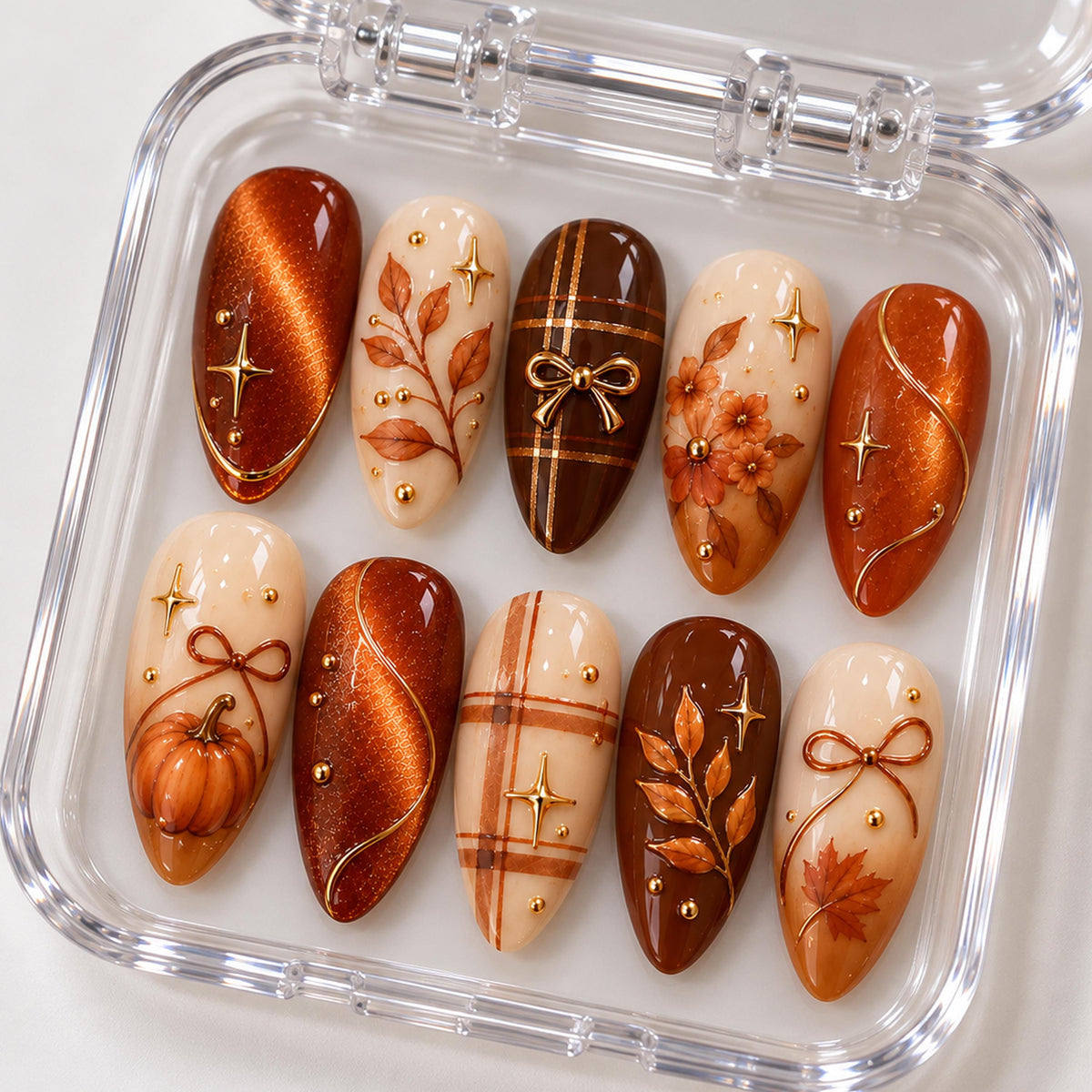Autumn Pumpkin Press On Nails With Plaid, Leaves, Bows and Gold Details