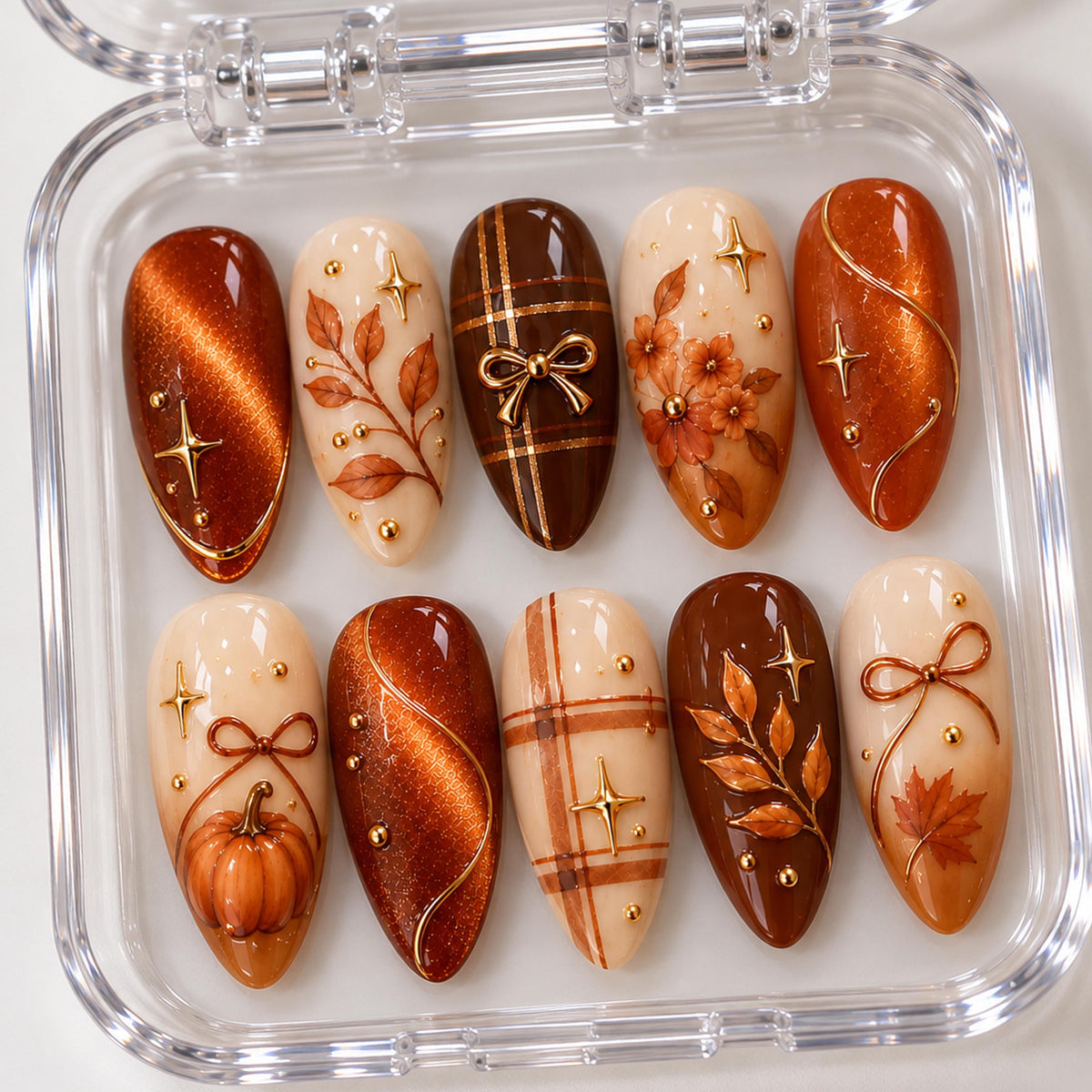 Autumn Pumpkin Press On Nails With Plaid, Leaves, Bows and Gold Details