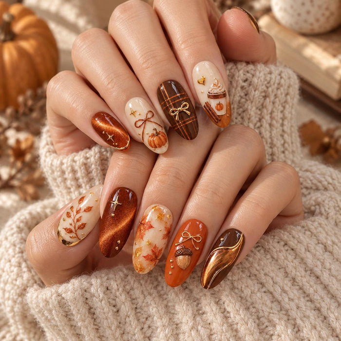 Autumn Pumpkin Spice Press-On Nails with Cat-Eye Accents, Plaid, and Fall Motifs