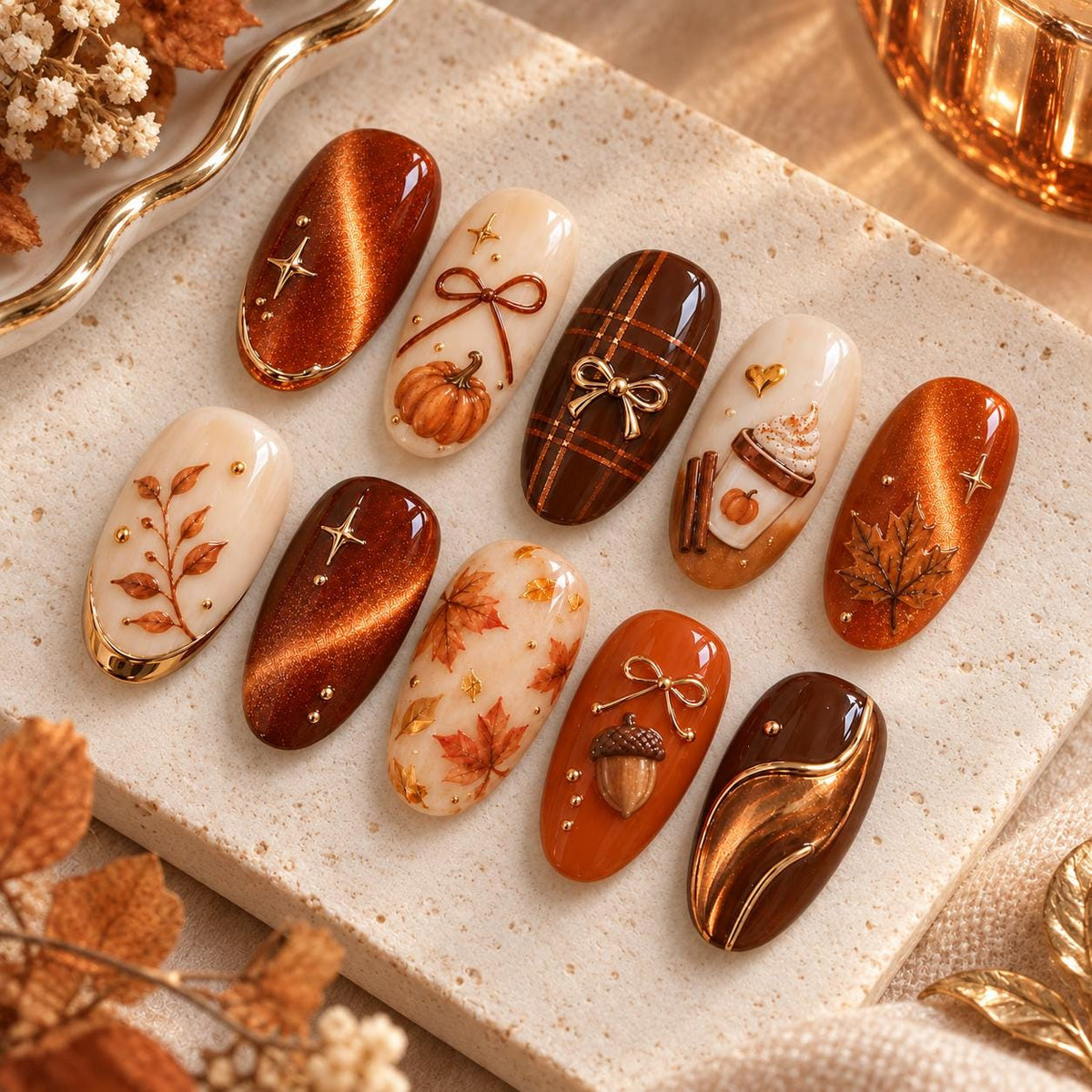 Autumn Pumpkin Spice Press-On Nails with Cat-Eye Accents, Plaid, and Fall Motifs