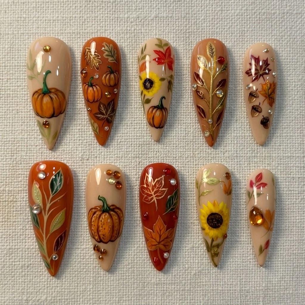Autumn Pumpkin, Sunflower and Maple Leaf Nail Set
