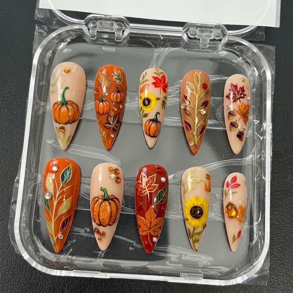 Autumn Pumpkin, Sunflower and Maple Leaf Nail Set