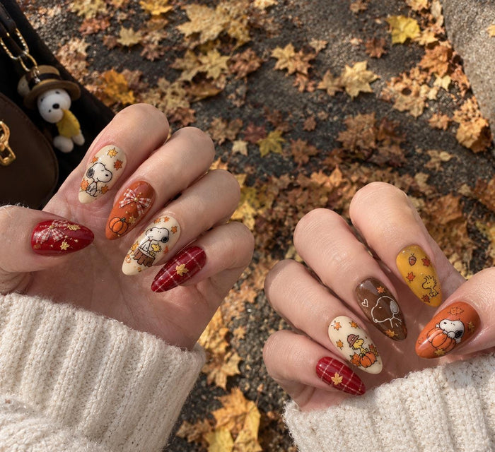 Autumn Puppy Press On Nails With Pumpkins, Maple Leaves and Plaid