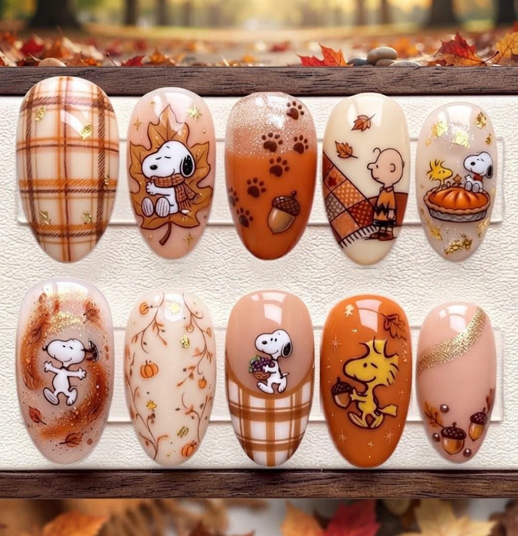 Autumn Snoopy and Woodstock Press On Nails with Plaid, Pumpkins, and Gold Accents