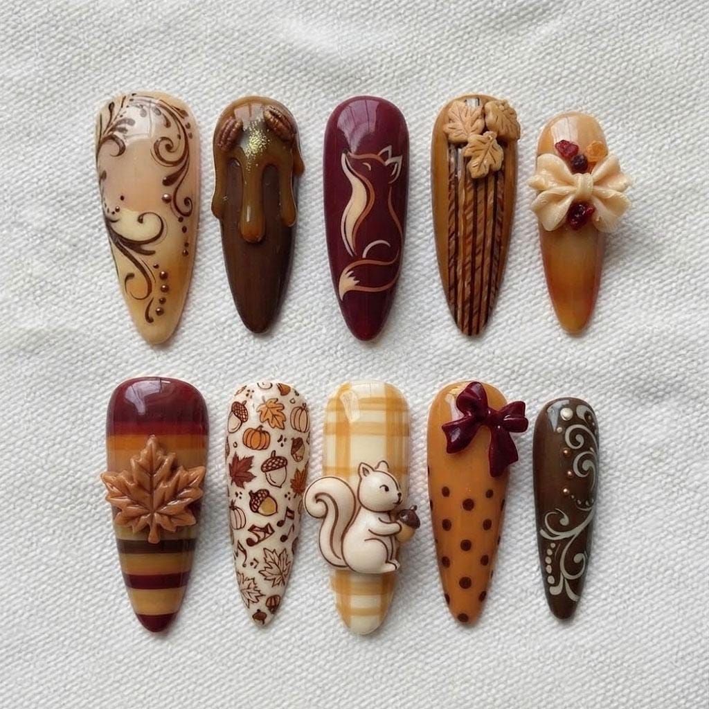 Autumn Squirrel and Leaf Press On Nails in Cozy Brown, Burgundy, and Amber