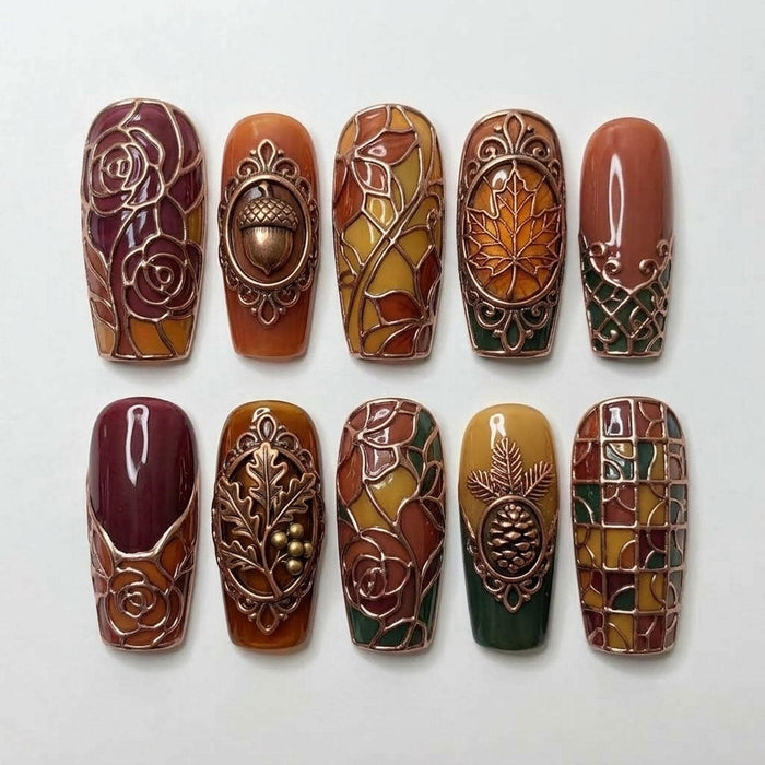 Autumn Stained Glass Leaf, Rose, Acorn and Pinecone Press On Nail Set