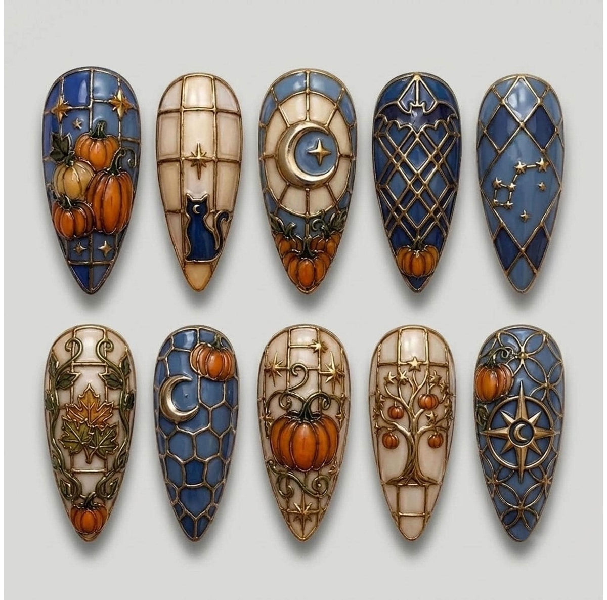 Autumn Stained Glass Nails with Pumpkins, Cat, Moon and Stars