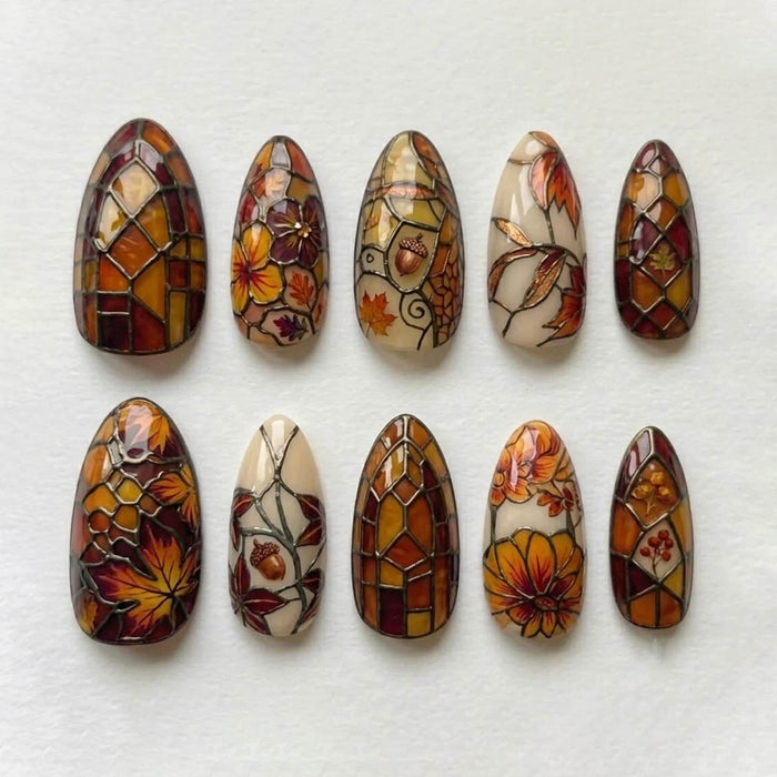 Autumn Stained Glass Press On Nails With Fall Leaves, Acorns and Floral Art