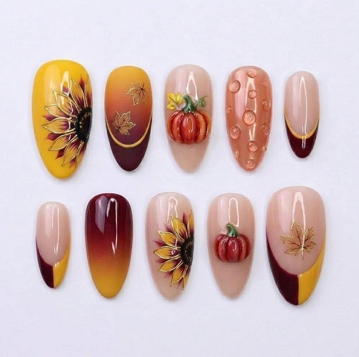 Autumn Sunflower and 3D Pumpkin Press On Nail Set in Burgundy and Mustard Yellow