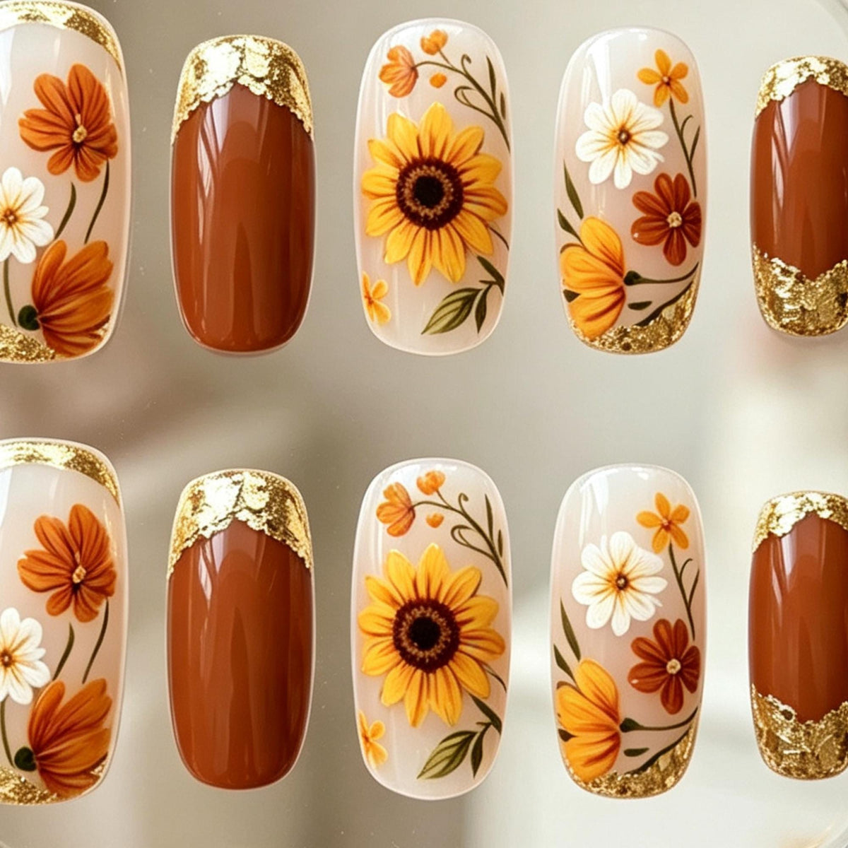 Autumn Sunflower and Wildflower Nails with Gold Foil